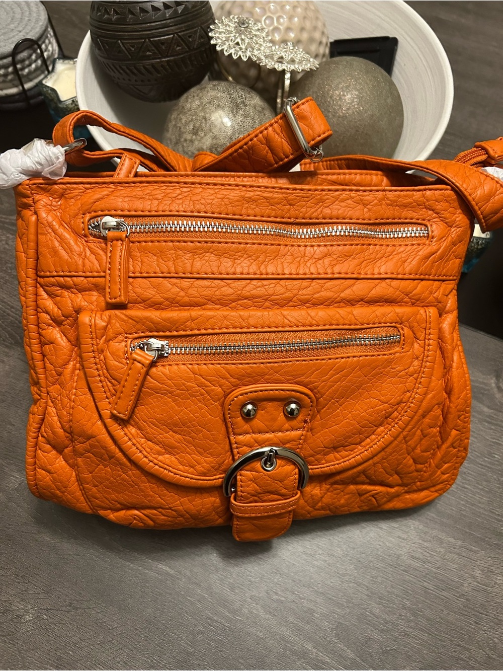 Textured Orange Quilted Crossbody Bag with Front Zip Pocket